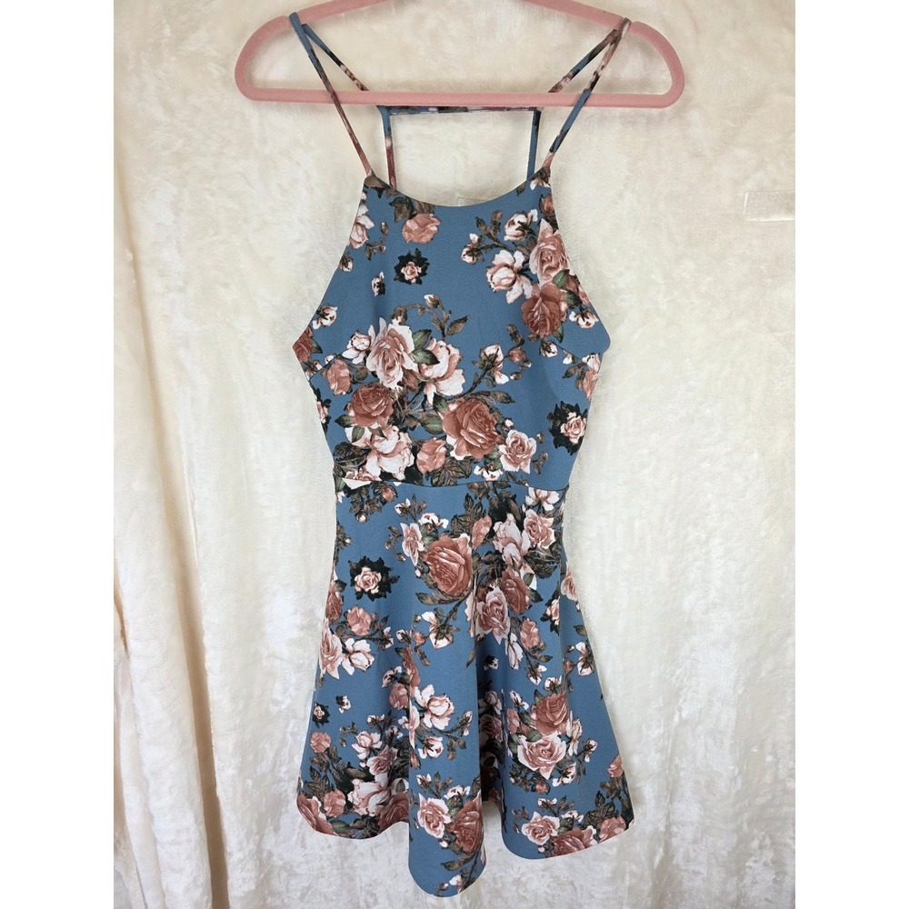 Blu Pepper Blue Floral Mini‎ Dress Double Strap Halter Neck Fit Flare Large